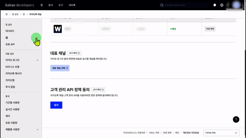 카카오 디벨로퍼 카카오톡 채널 화면에서 대표 채널 선택 후 저장하는 화면