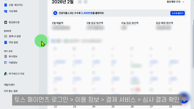 토스페이먼츠 사이트 심사 현황 메뉴에서 카드사별 승인 상태를 확인하는 화면