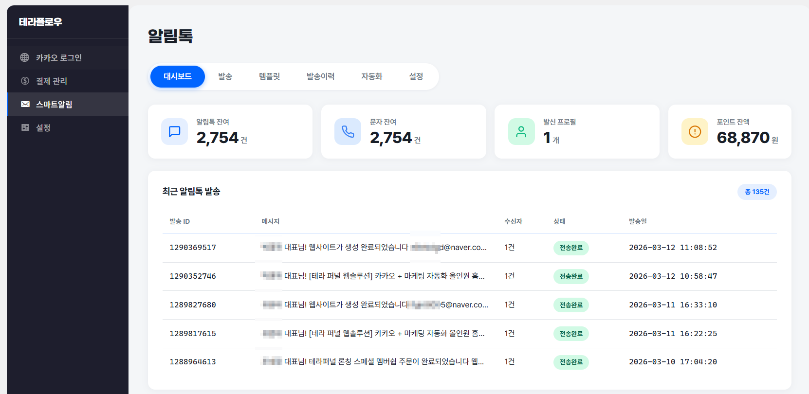 테라플로우 스마트 알림 대시보드