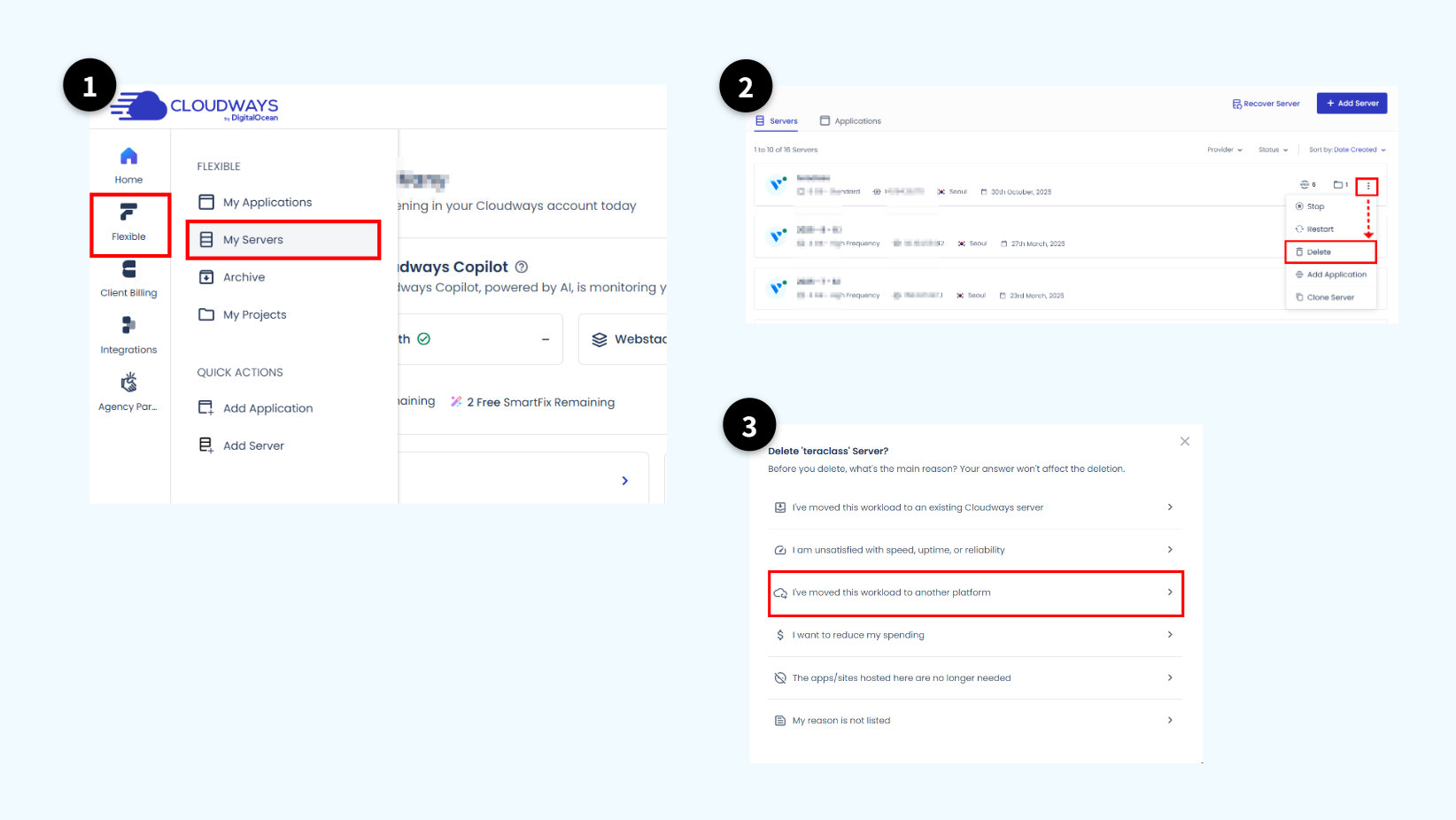 Cloudways 대시보드 Flexible My Server에서 서버 점 3개 메뉴를 클릭하여 Delete를 선택하는 화면