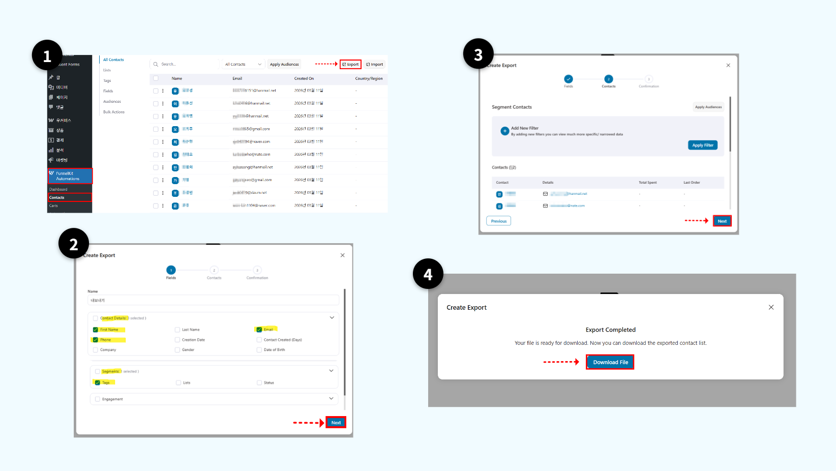 FunnelKit Automations 연락처 목록 상단에서 내보내기(Export) 버튼을 클릭하는 화면