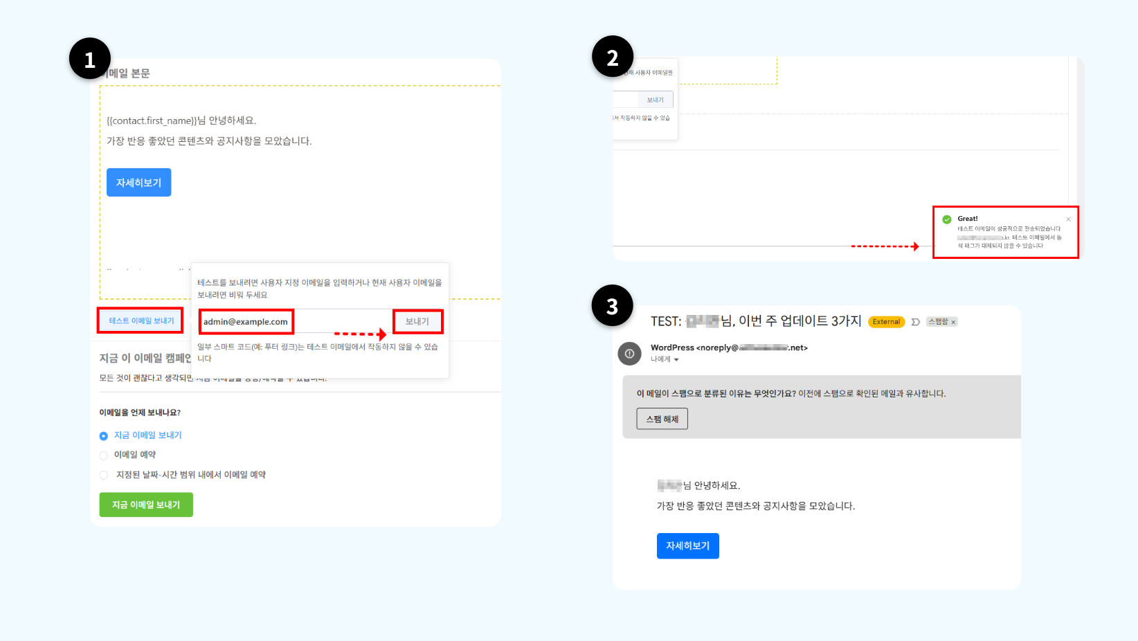 FluentCRM 캠페인 편집 화면에서 테스트 이메일 보내기 버튼을 클릭하는 화면