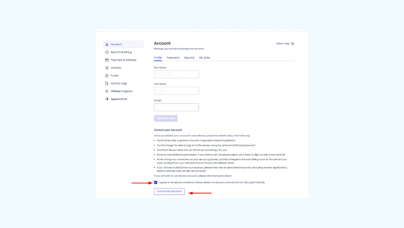 계정 해지 확인 팝업에서 Confirm 버튼을 클릭하는 화면