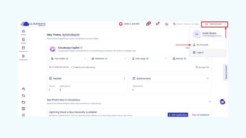 Cloudways Account 페이지 하단 해지 동의 체크박스와 Cancel My Account 버튼이 표시된 화면