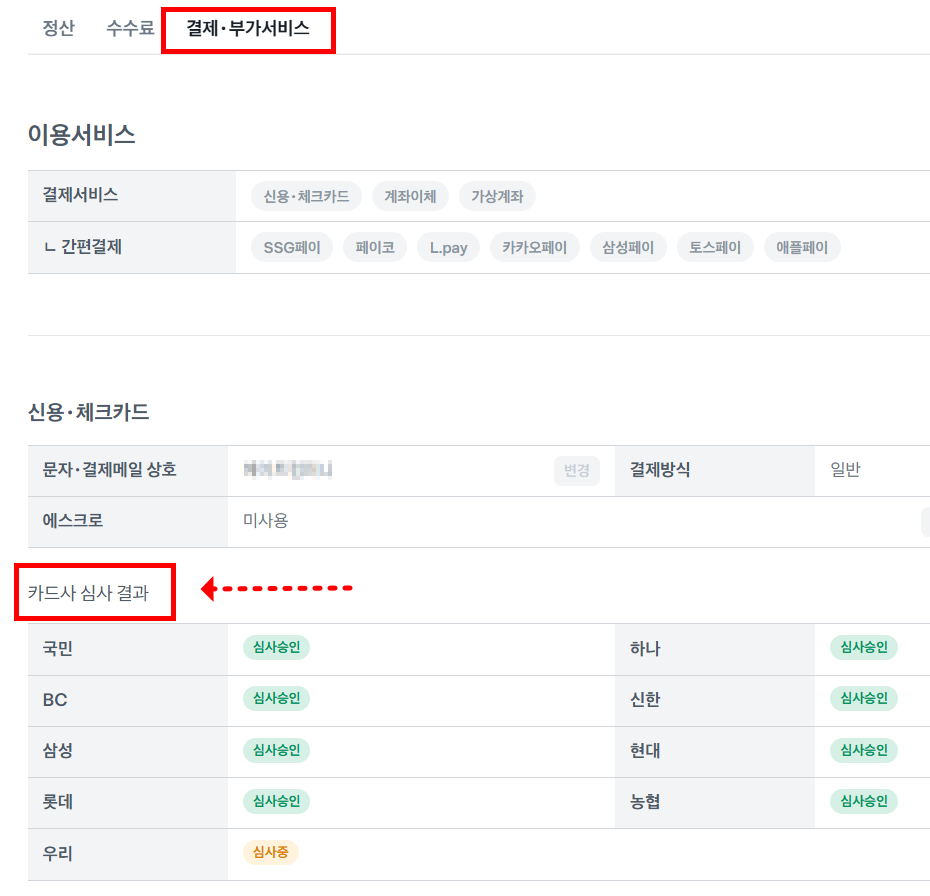 토스페이먼츠 대시보드 이용 정보 → 상점아이디 탭에서 카드사별 심사 결과를 확인하는 화면