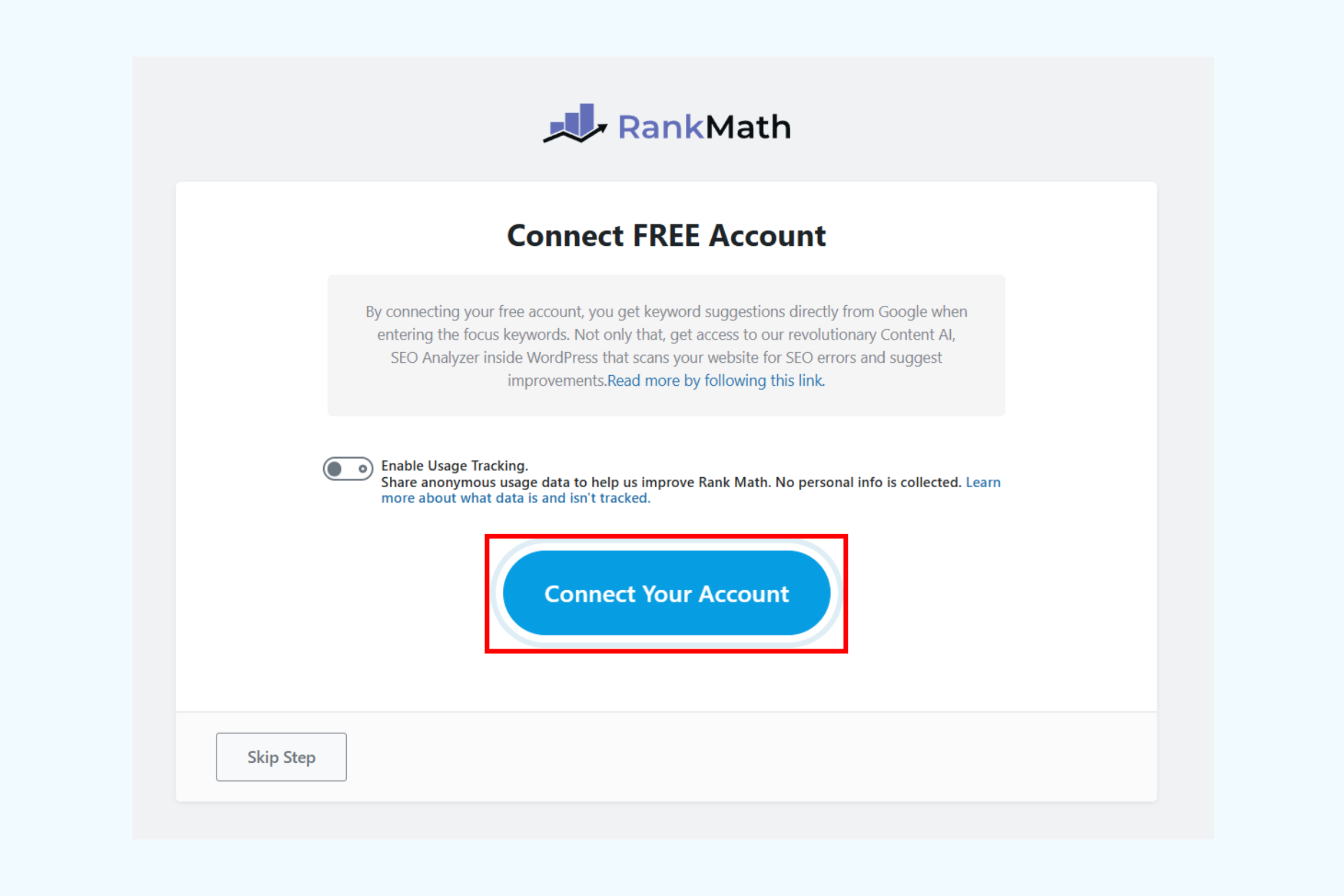 Rank Math 설정 화면에서 Connect your account 버튼이 표시된 화면